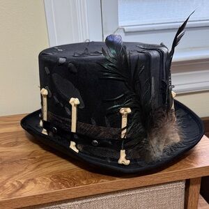 Black Steampunk Top Hat with Feather & Bone Accents